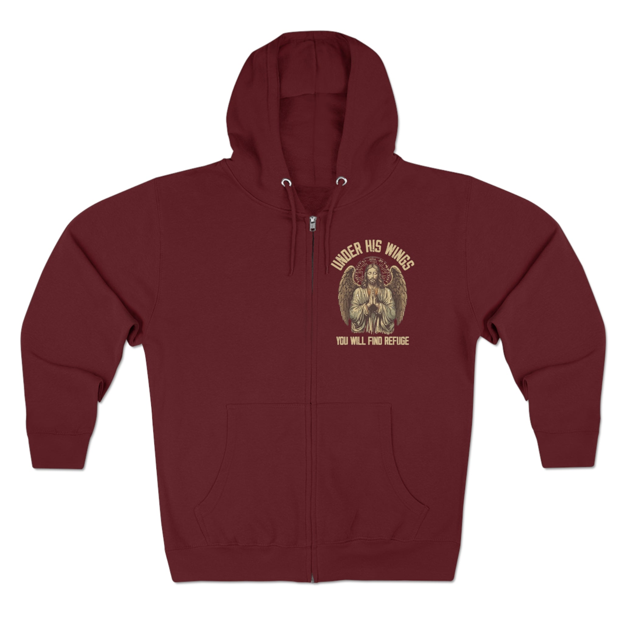 Under His Wings Retro-Inspired Premium Men's Hooded Jacket Heavy Blend™ Color: Burgundy Size: S Jesus Passion Apparel