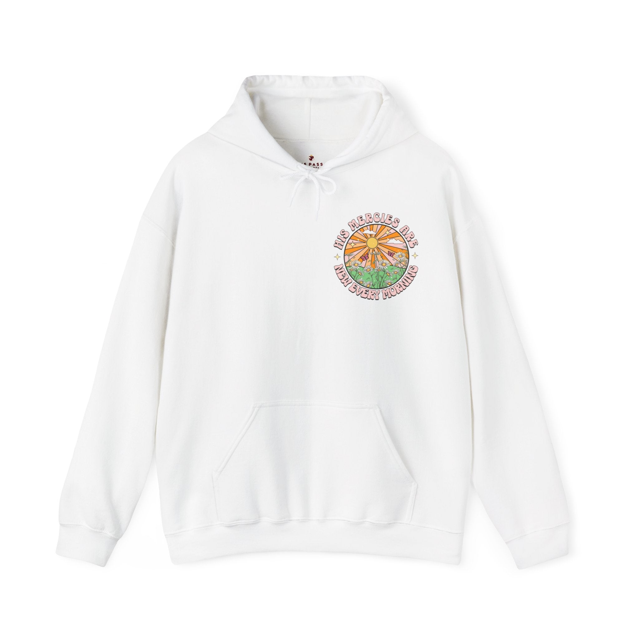 His Mercies Sunrise Retro-Inspired Unisex-Fit Hoodie Color: White Size: S Jesus Passion Apparel