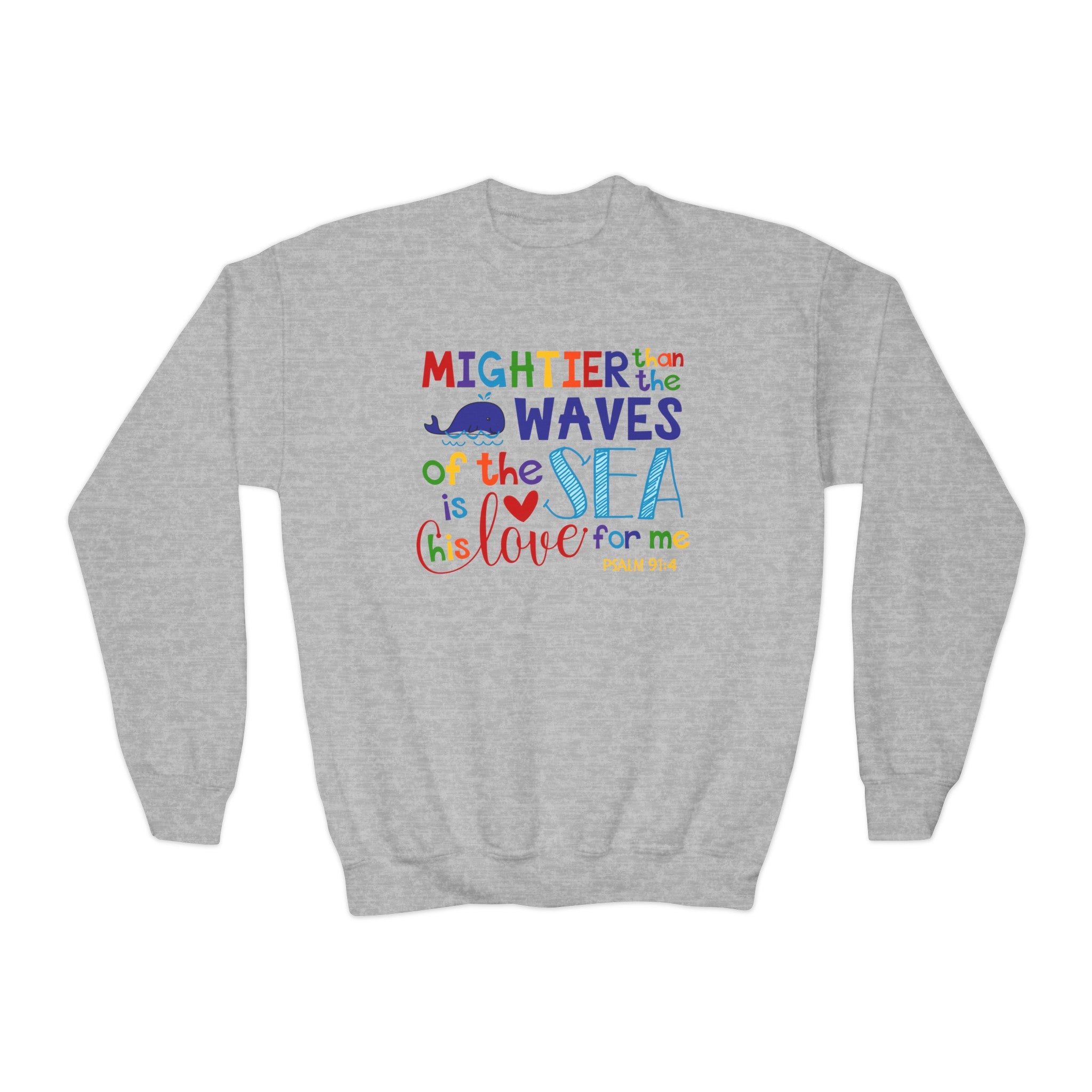 Mightier Than the Waves Youth Crewneck Sweatshirt Color: White Size: XS Jesus Passion Apparel