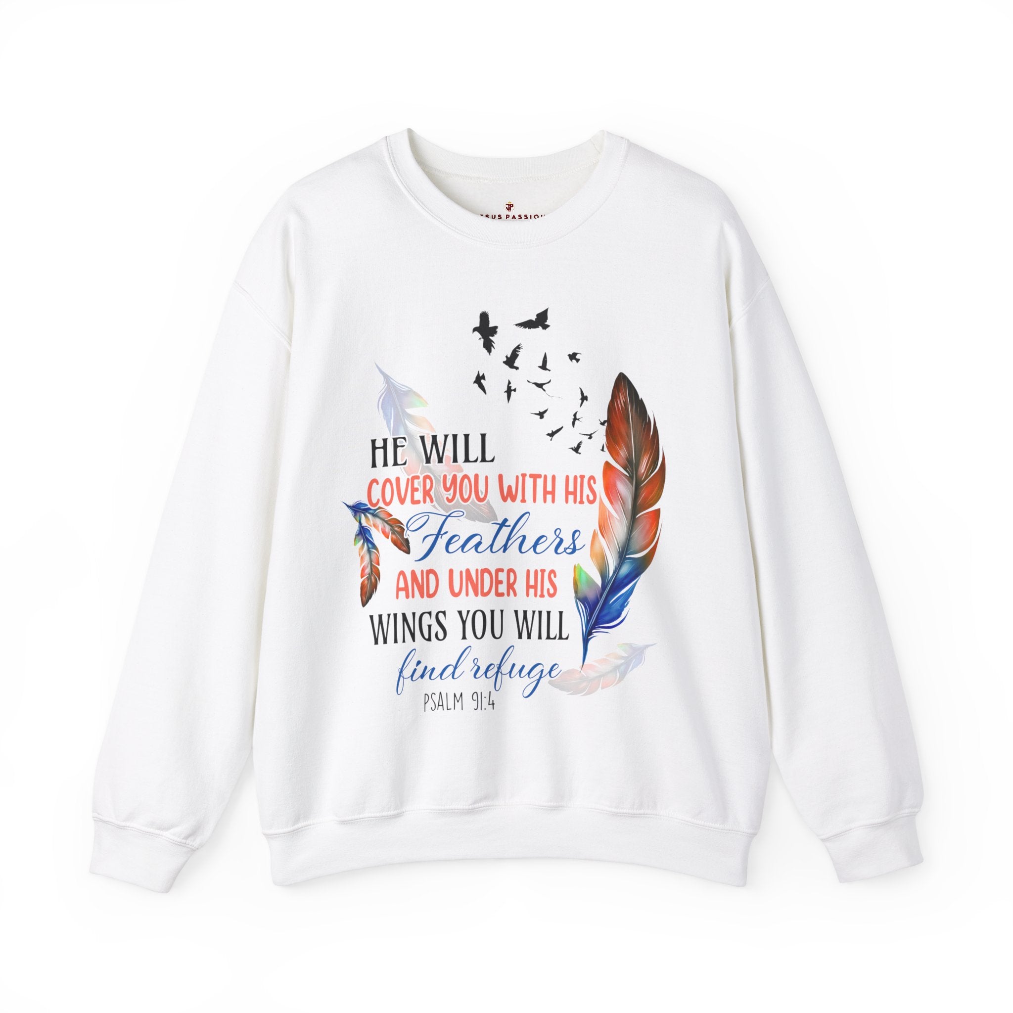 He Will Cover you with Feathers Women's Fleece Unisex-Fit Sweatshirt Light Blue / White Size: S Color: White Jesus Passion Apparel