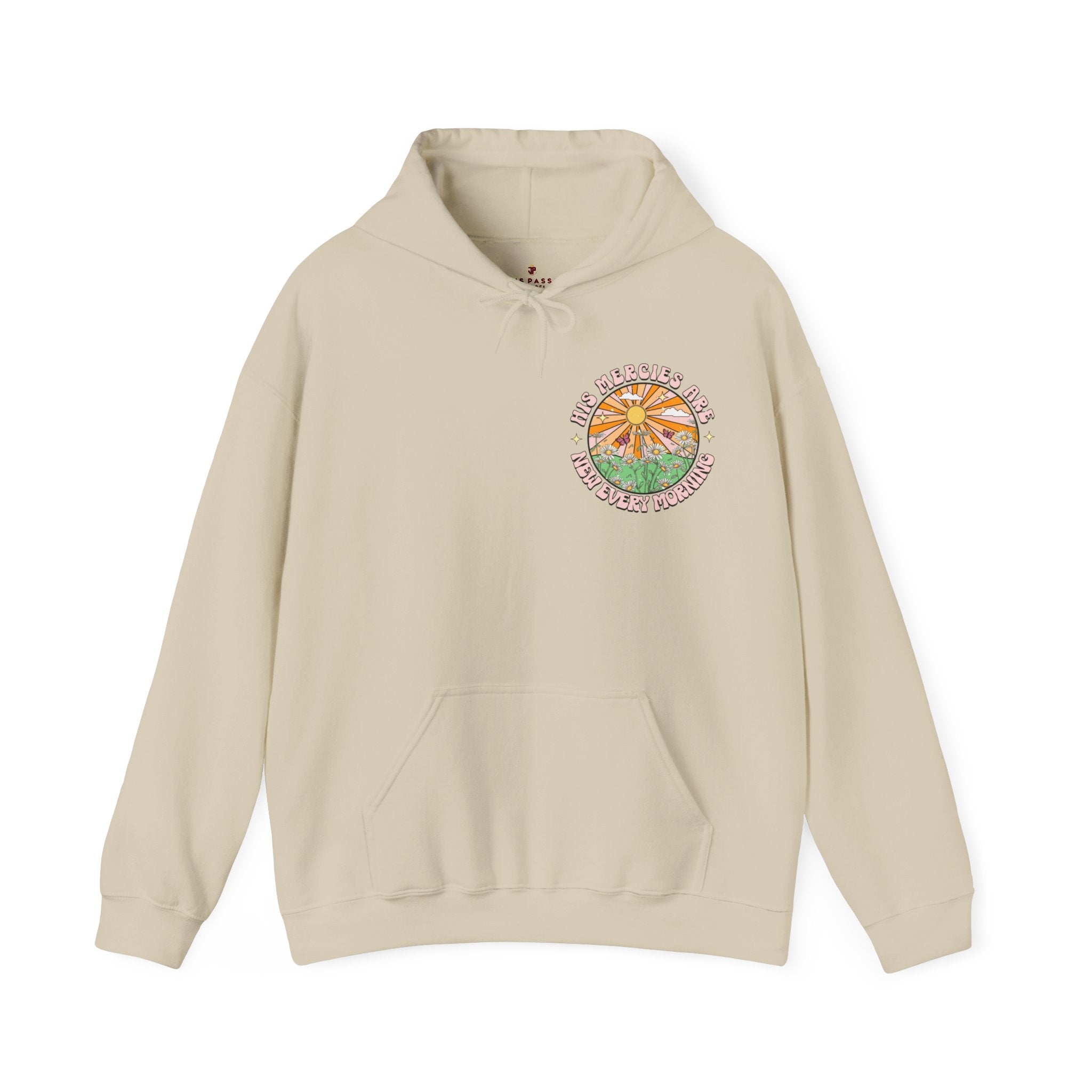 His Mercies Sunrise Retro-Inspired Unisex-Fit Hoodie Color: Sand Size: S Jesus Passion Apparel