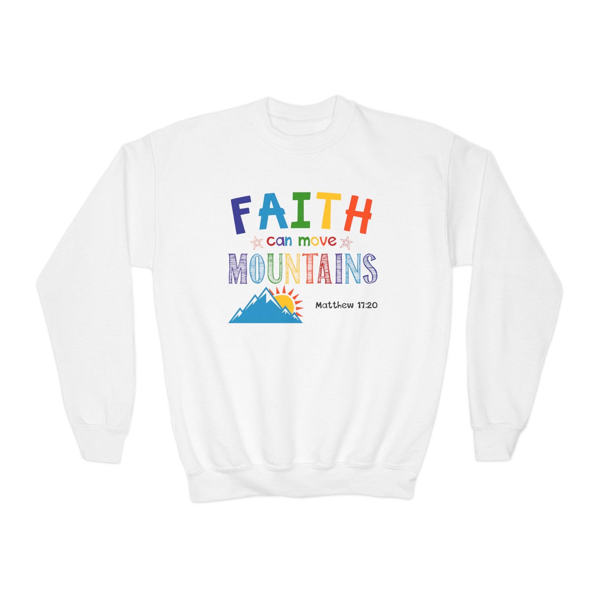 Faith Can Move Mountains Youth Crewneck Sweatshirt Color: White Size: XS Jesus Passion Apparel