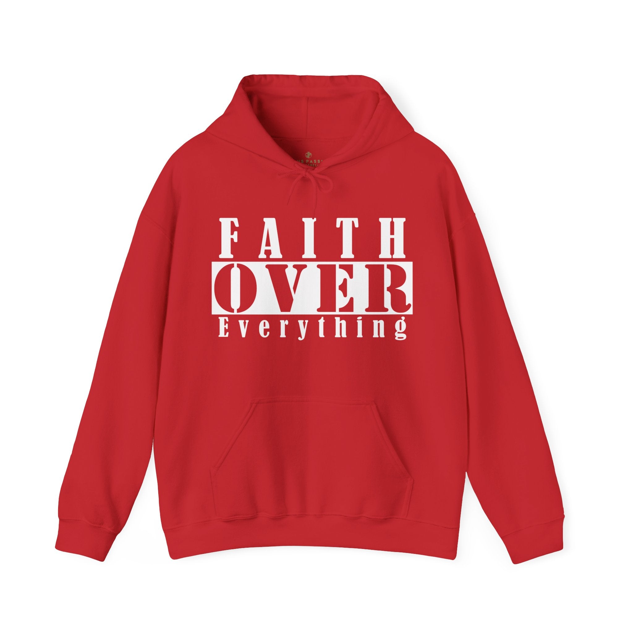 Faith Over Everything Men's Heavy Blend™ Hoodie Color: Red Size: S Jesus Passion Apparel