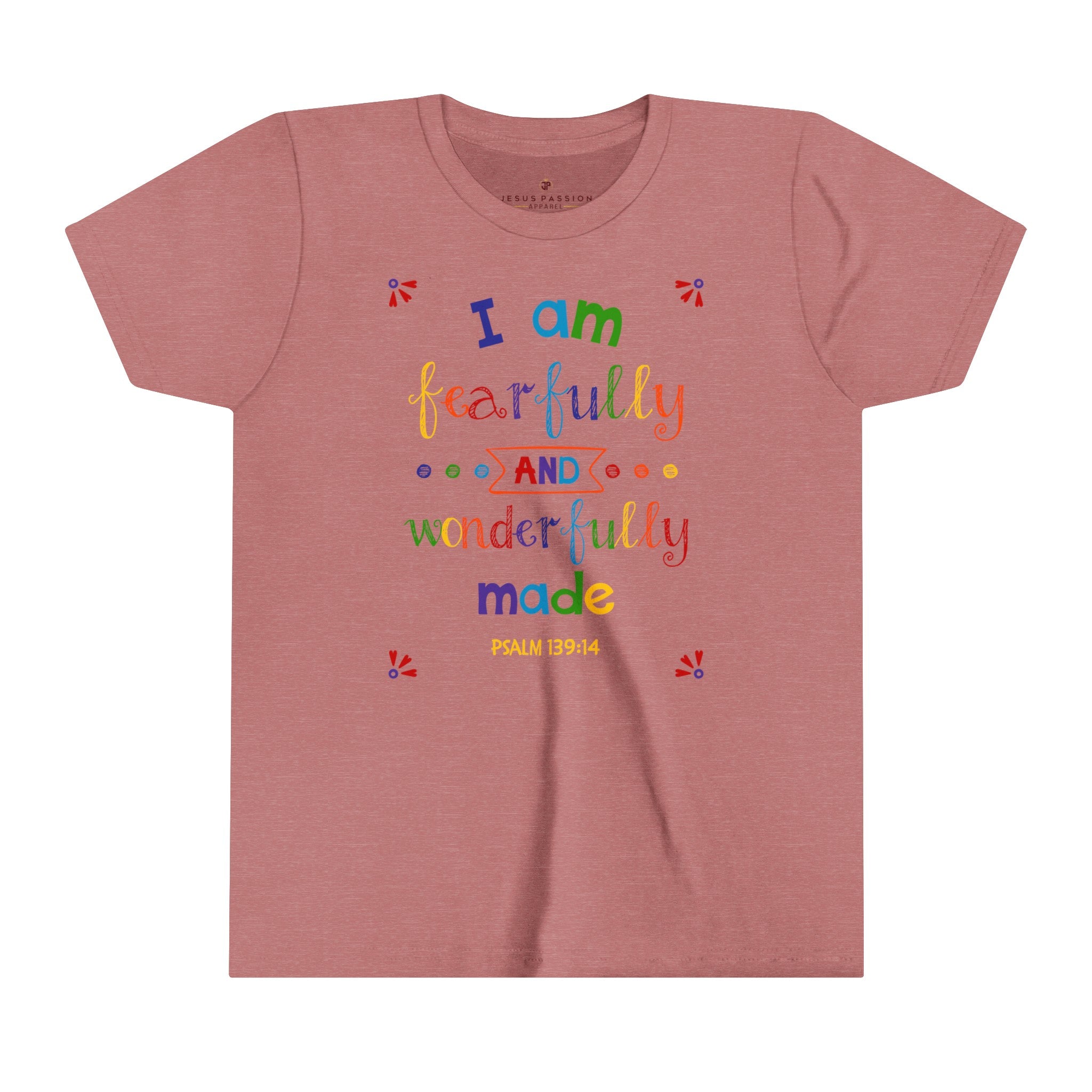 I am Fearfully Wonderfully Youth Relaxed-Fit T-Shirt Color: Heather Mauve Size: S Jesus Passion Apparel