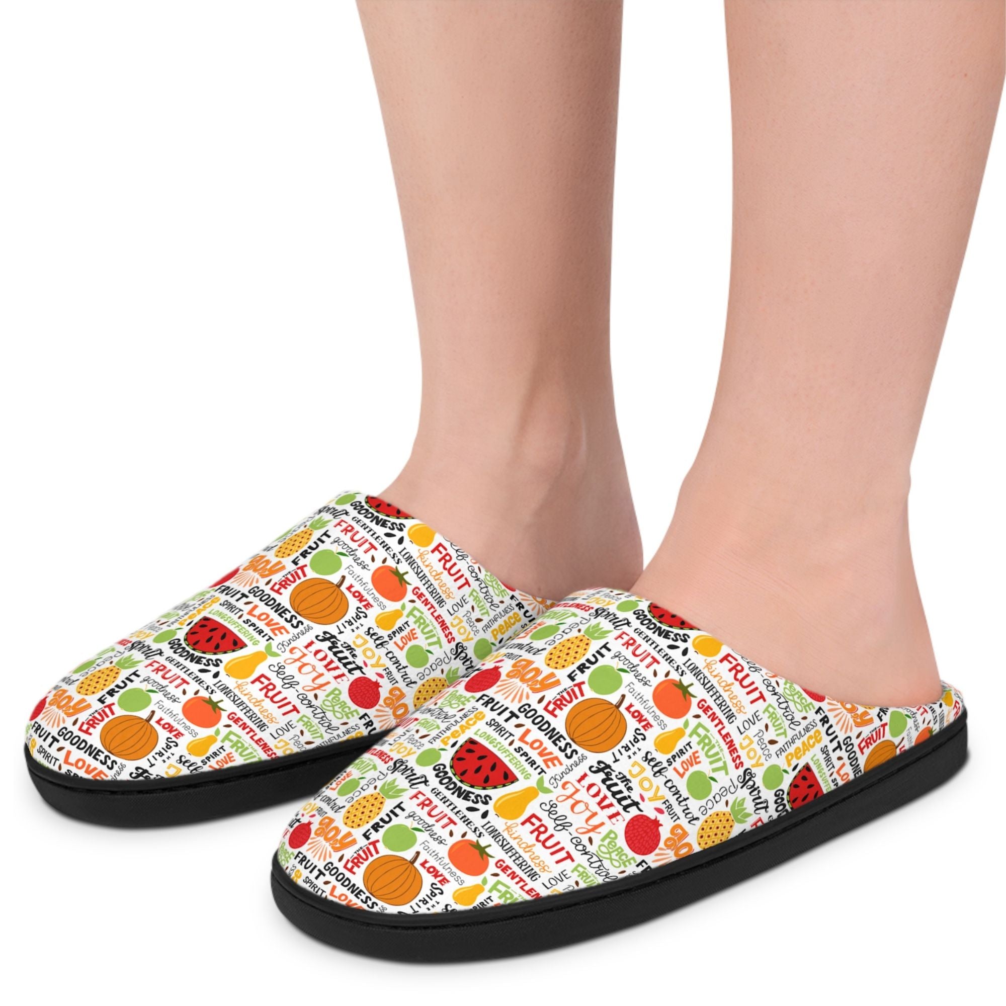 Fruit of the Spirit Women's Indoor Slippers - Matching Pajama Set and Lounge / Pajama Pants Available Size: US 7 - 8 Color: Black sole Jesus Passion Apparel