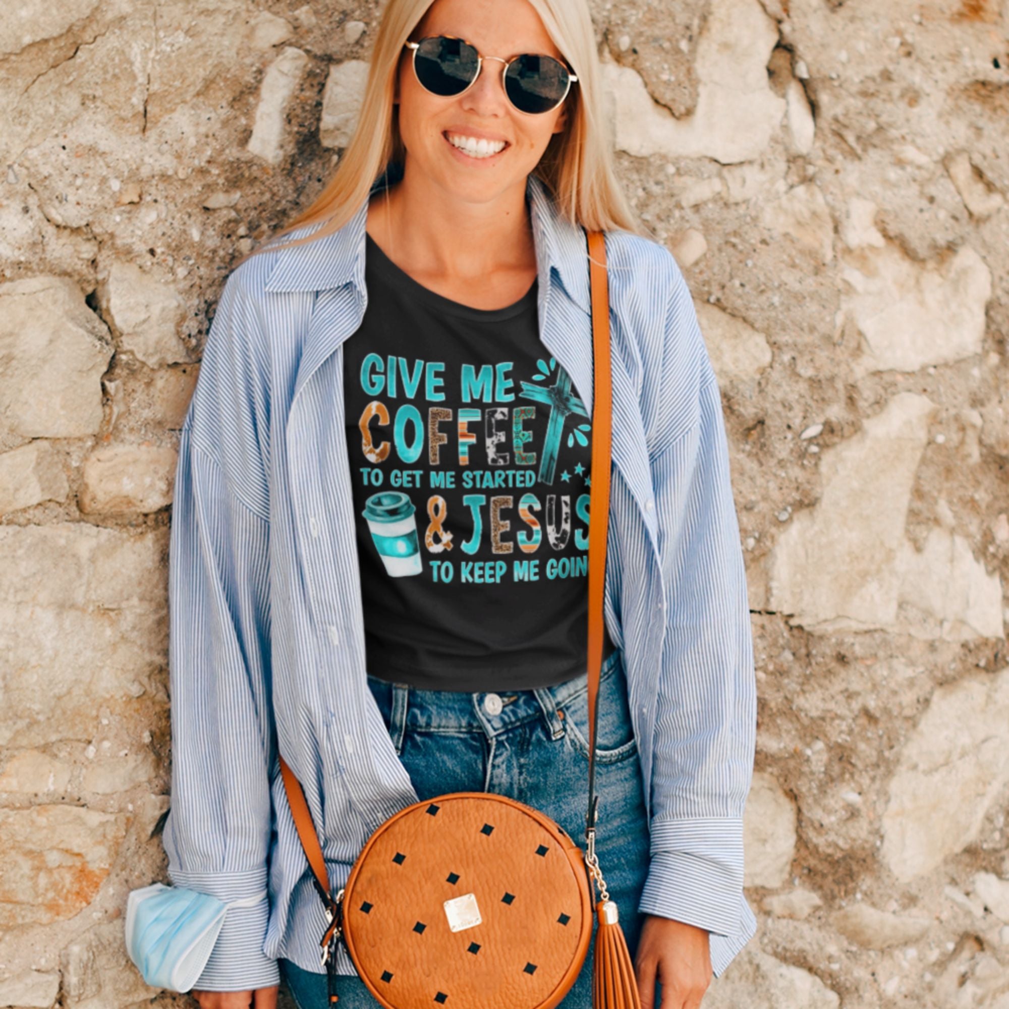 Give Me Coffee and Jesus Women's Short Sleeve Fashion Fit T-Shirt - Matching Tote Available Color: Black Size: S Jesus Passion Apparel