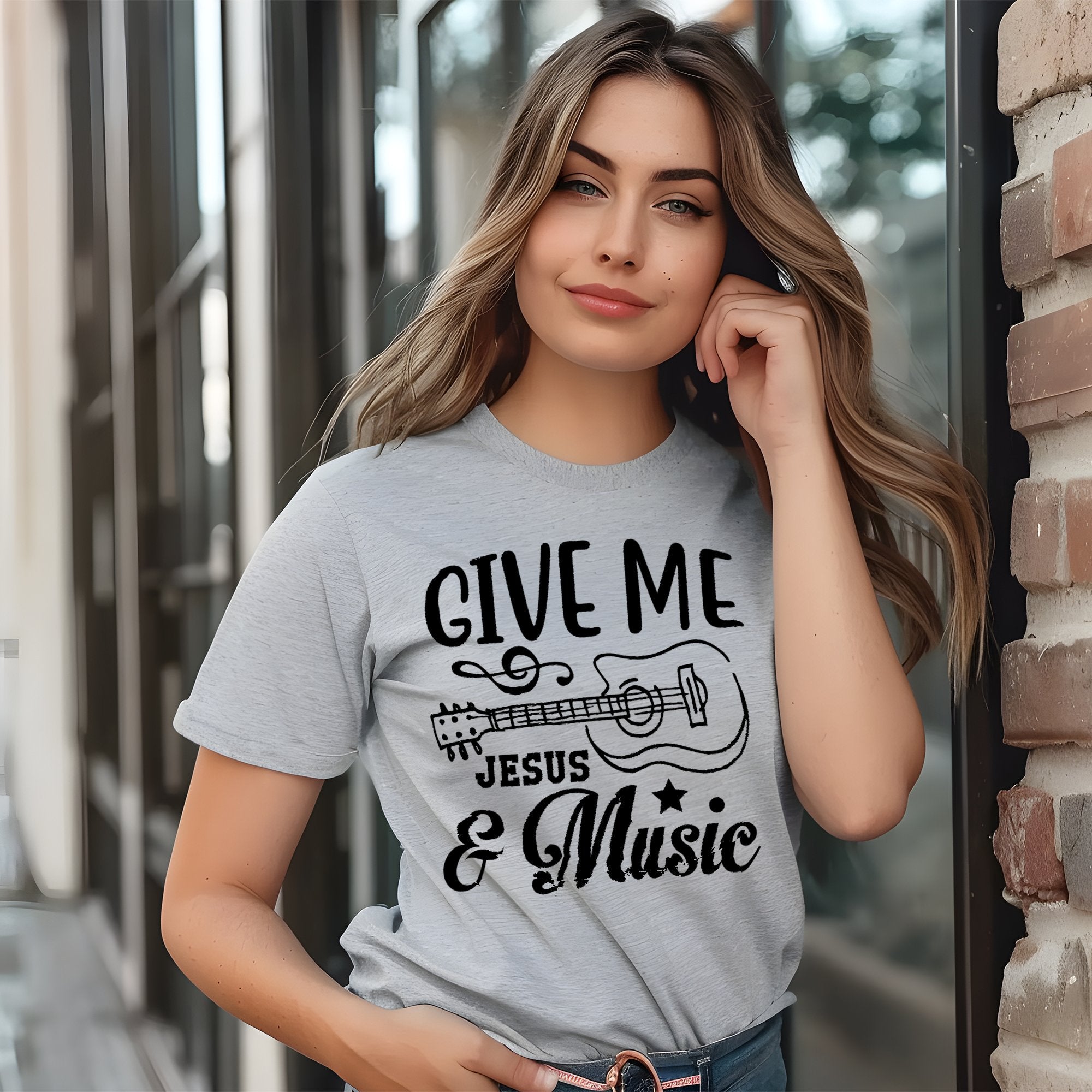 Give Me Jesus & Music Guitar Accent Women's Jersey Short Sleeve T-Shirt Size: XS Color: Athletic Heather Jesus Passion Apparel