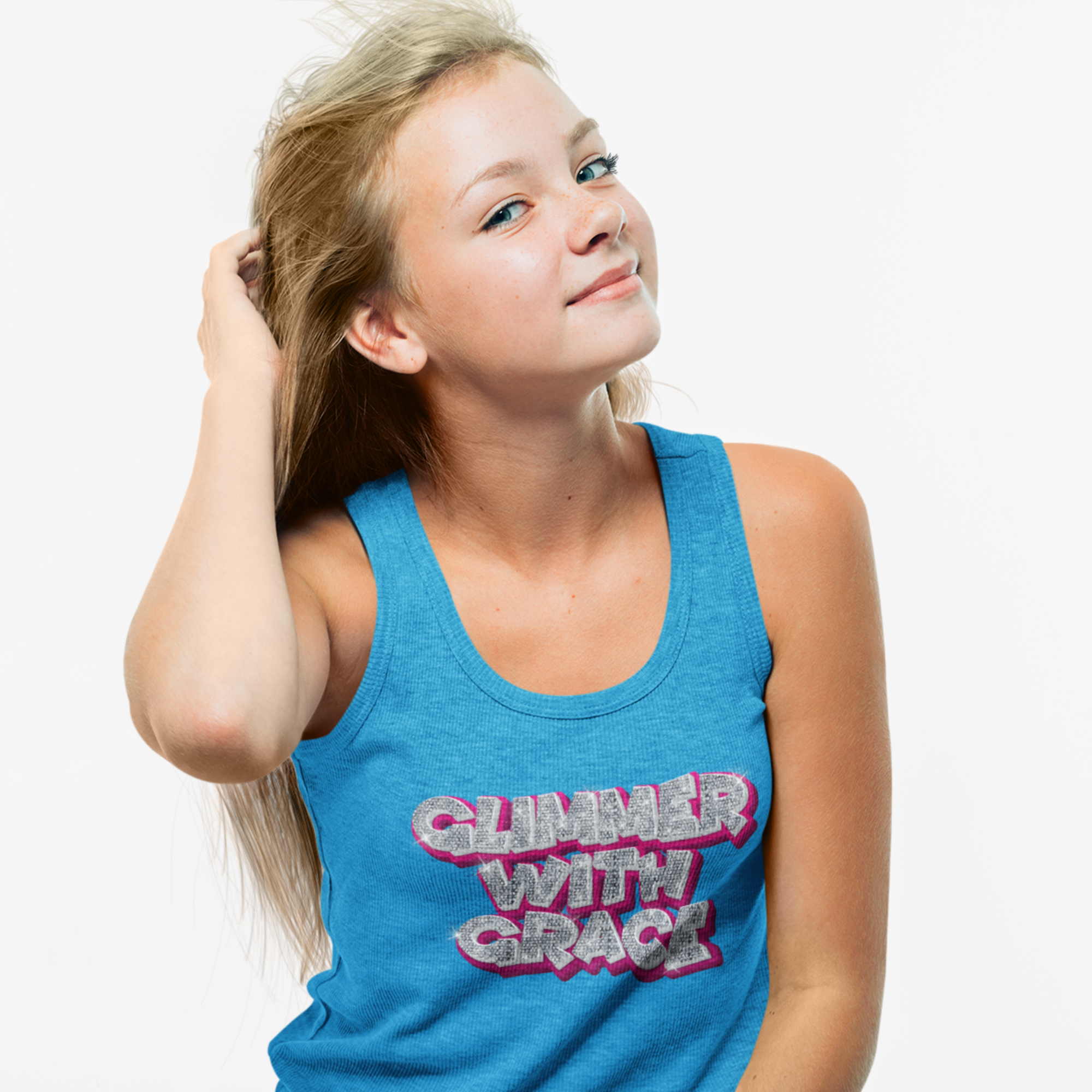 Glimmer_with_grace_tank_top blue Jesus Passion Apparel