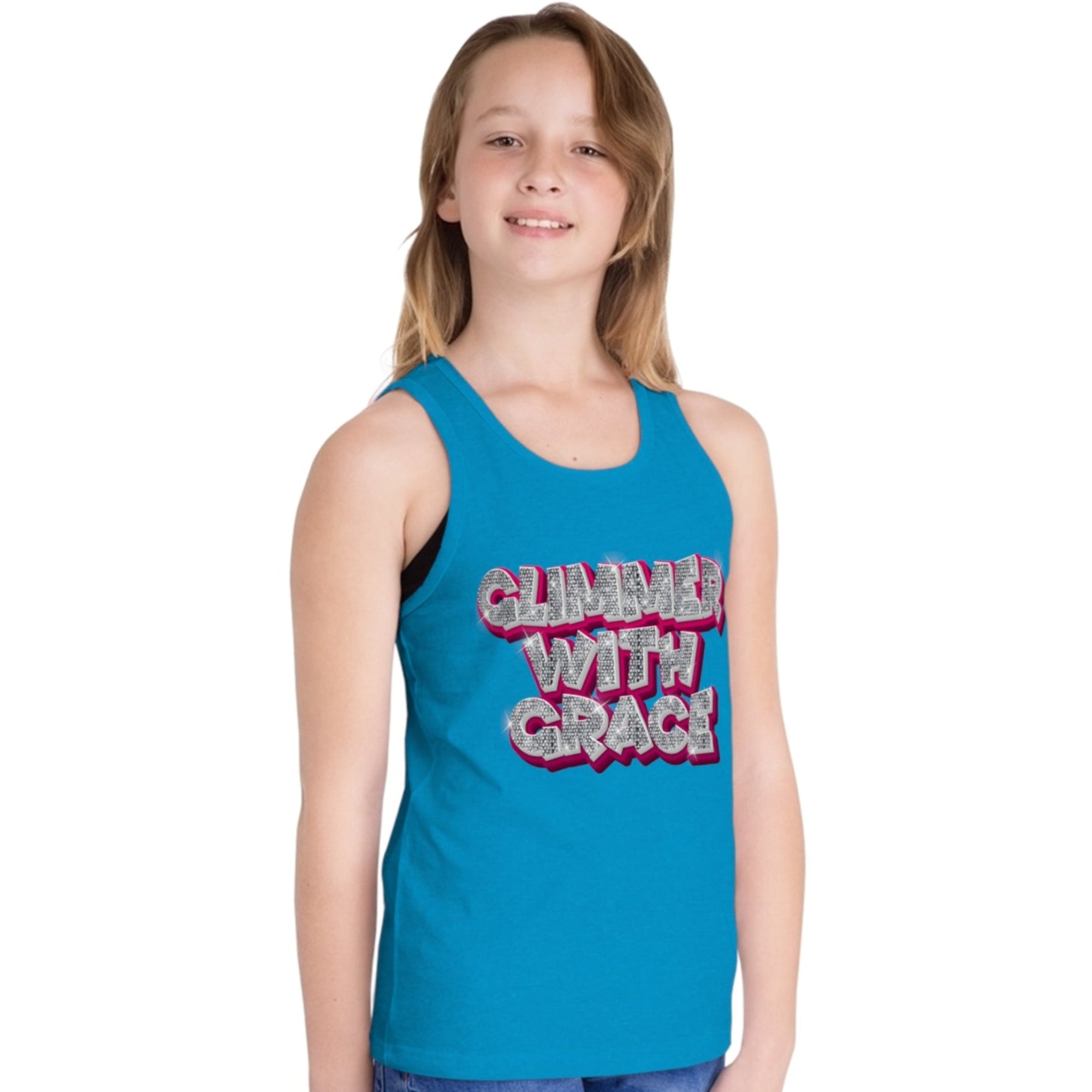 Glimmer_with_grace_tank_top blue girl Jesus Passion Apparel