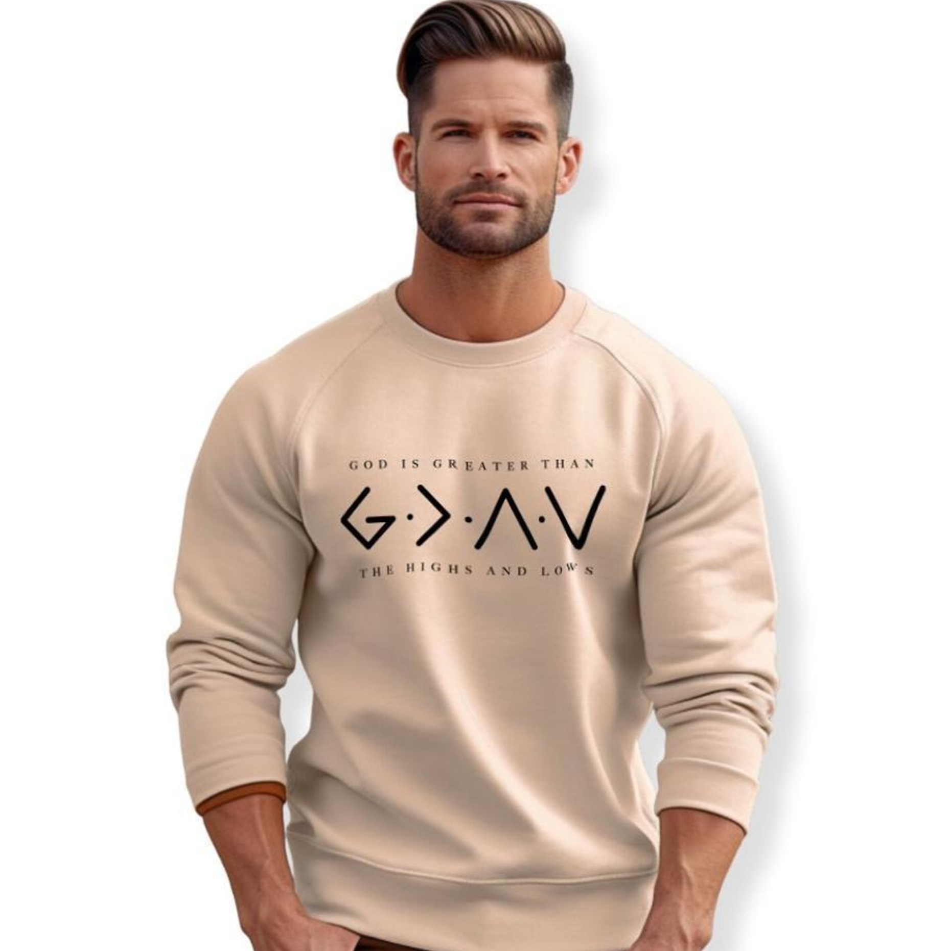 God Is Greater Than the Highs and Lows Adult Crewneck Sweatshirt - Sand Size: S Color: Sand Jesus Passion Apparel