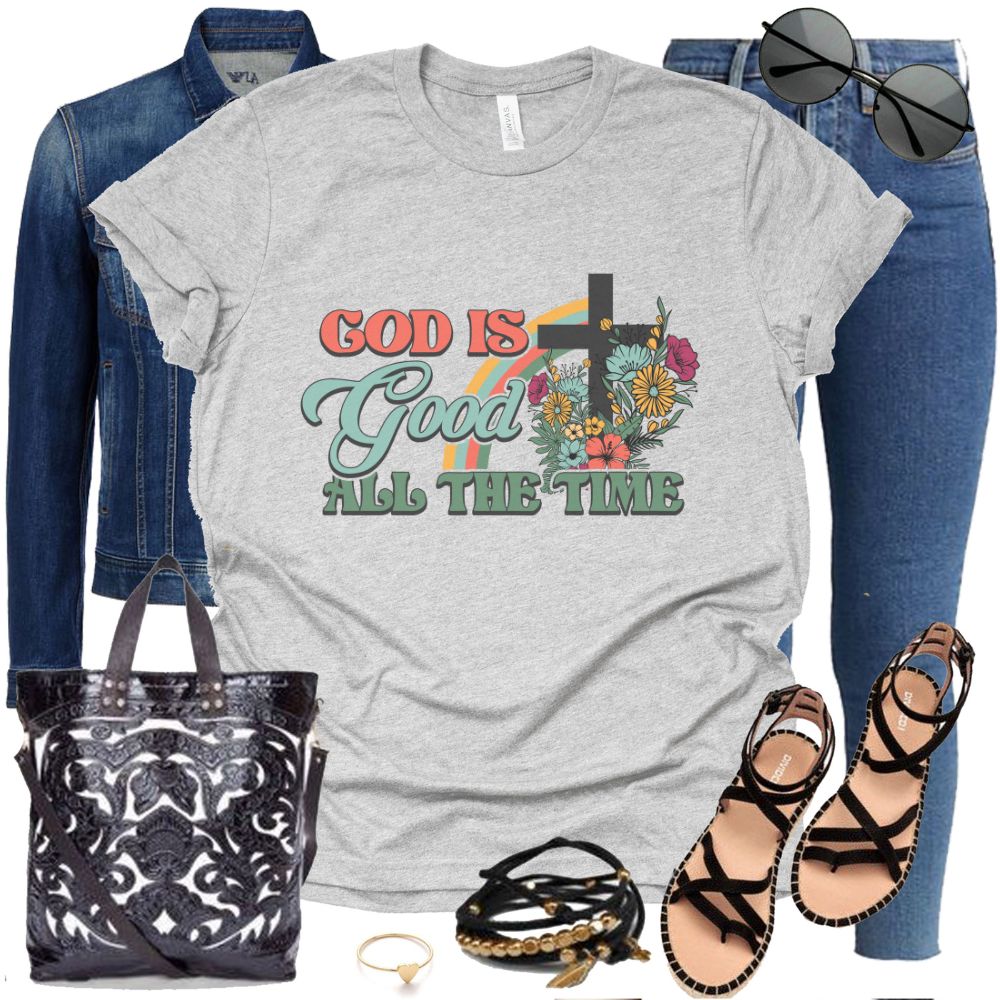 God is Good All the Time Rainbow Jersey Short Sleeve T-Shirt Color: Athletic Heather Size: XS Jesus Passion Apparel