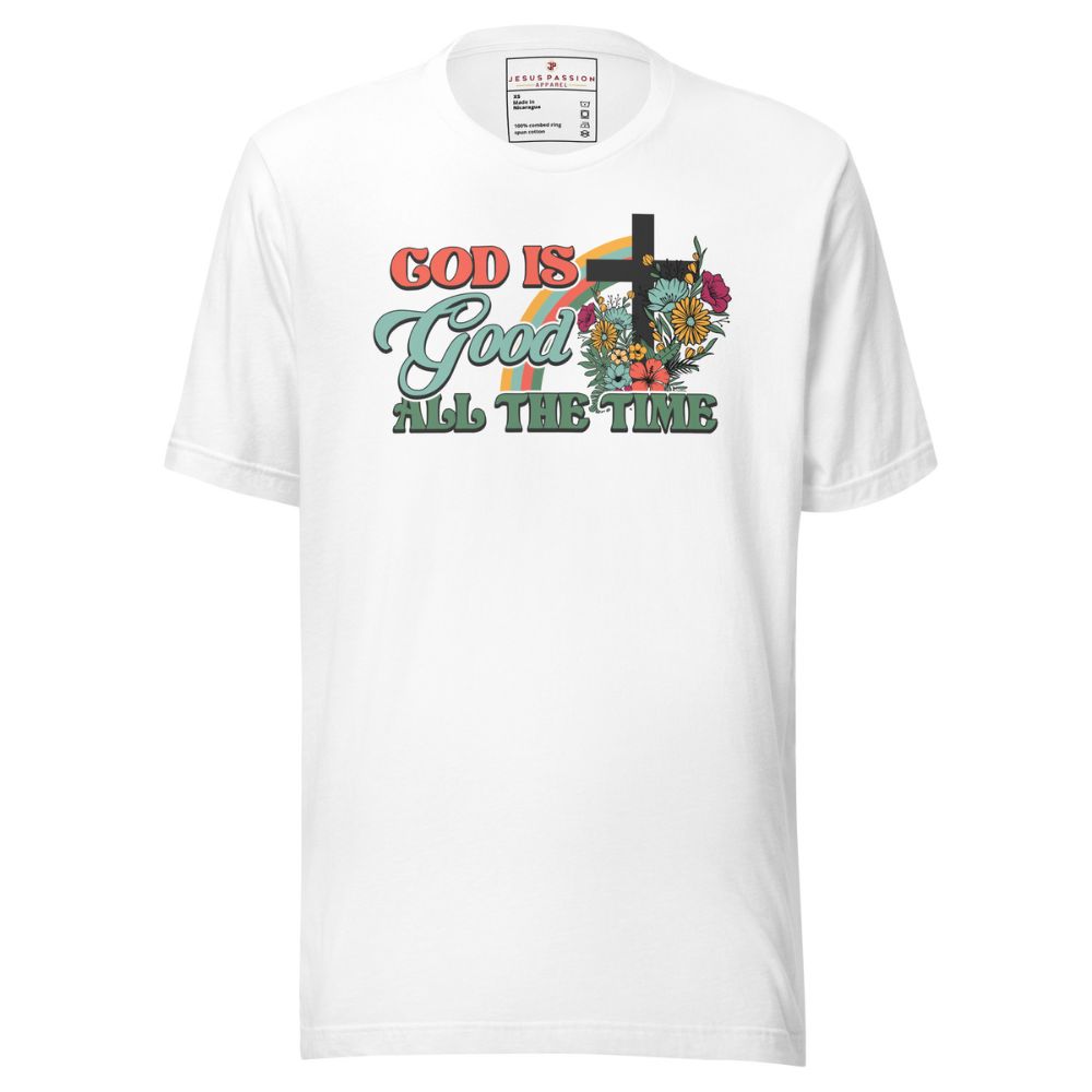 God is Good All the Time Rainbow Jersey Short Sleeve T-Shirt Color: White Size: XS Jesus Passion Apparel