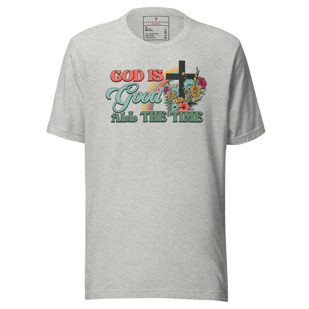 God is Good All the Time Rainbow Jersey Short Sleeve T-Shirt Color: Athletic Heather Size: XS Jesus Passion Apparel