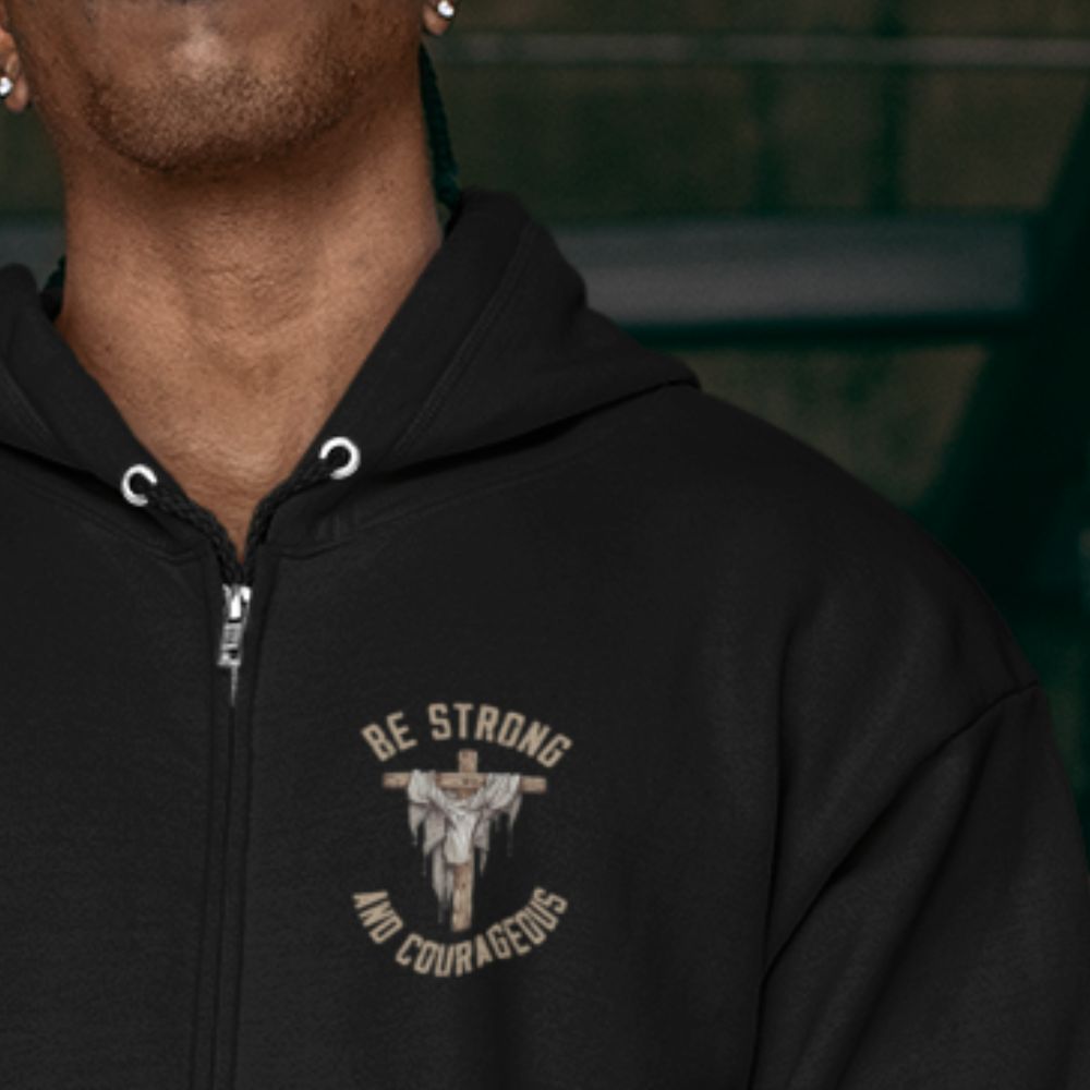 Be Strong and Courageous Retro-Inspired Premium Men's Jacket Heavy Blend™ Hoodie Size: S Color: Black Jesus Passion Apparel