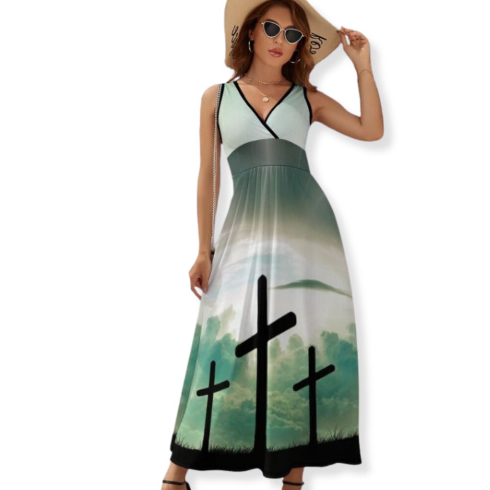 Graceful Green Cross Ladies Sleeveless Dress Size: S Color: White Jesus Passion Apparel
