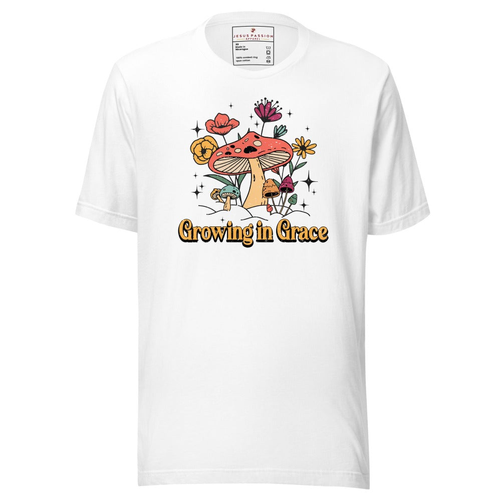 Growing in Grace Cute Mushroom Jersey Short Sleeve T-Shirt Color: White Size: XS Jesus Passion Apparel