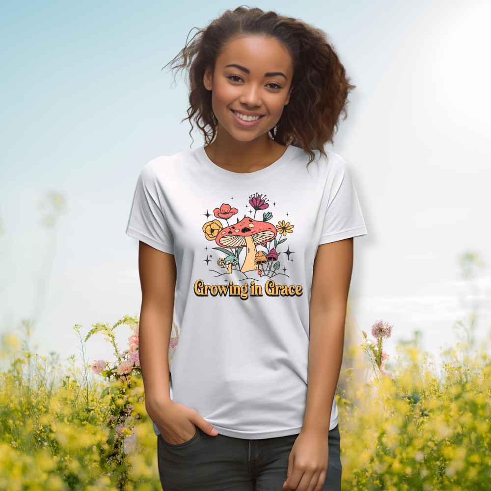 Growing in Grace Cute Mushroom Jersey Short Sleeve T-Shirt Color: Athletic Heather Size: XS Jesus Passion Apparel
