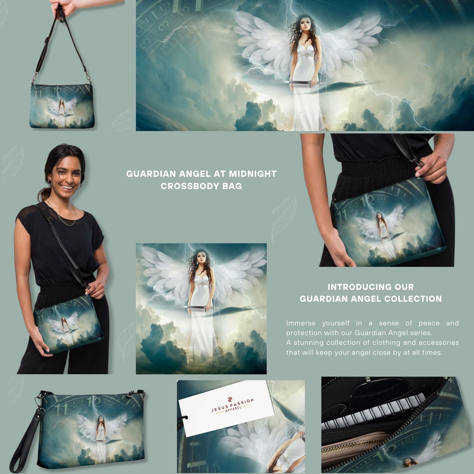 Guardian Angel at Midnight Crossbody Bag Color: Black Jesus Passion Apparel