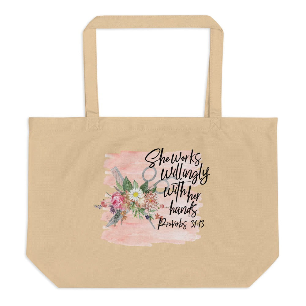 Hair Stylist - She Words Willingly Relaxed T-Shirt - Matching Tote Available Size: 20" W X 14" H Jesus Passion Apparel