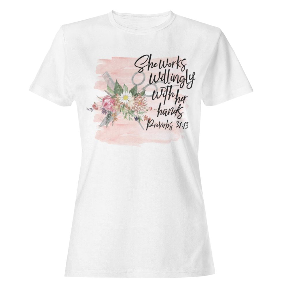 Hair Stylist - She Words Willingly Relaxed T-Shirt - Matching Tote Available Size: S Jesus Passion Apparel