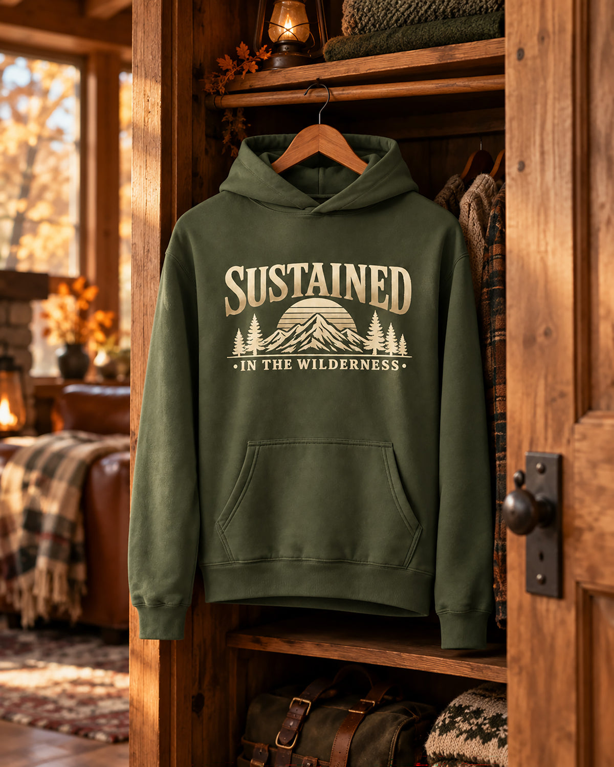 An olive green pullover hoodie with a beige graphic reading 'SUSTAINED IN THE WILDERNESS' hangs on a wooden hanger inside a rustic wooden closet filled with cozy fall decor.