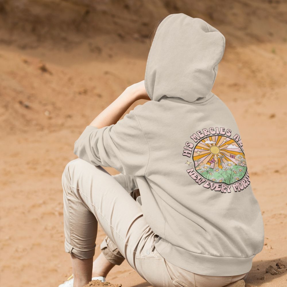 His Mercies Sunrise Retro-Inspired Unisex-Fit Hoodie Color: White Size: S Jesus Passion Apparel