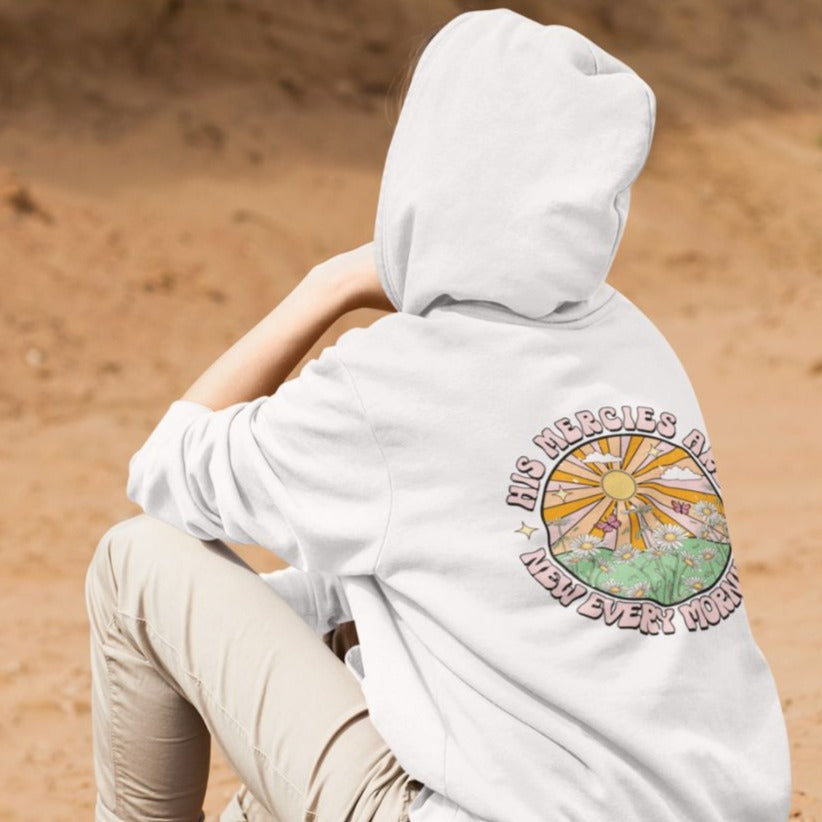 His Mercies Sunrise Retro-Inspired Unisex-Fit Hoodie Color: White Size: S Jesus Passion Apparel