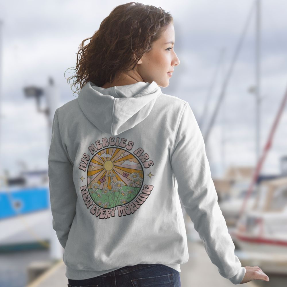 His Mercies Sunrise Retro-Inspired Unisex-Fit Hoodie Color: White Size: S Jesus Passion Apparel