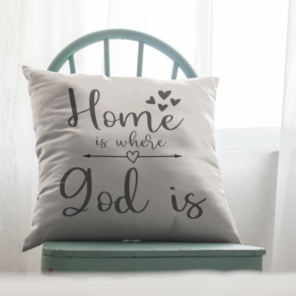 Home is Where God Is Script with Natural Linen Design Premium Pillows Size: 18″×18″ Jesus Passion Apparel