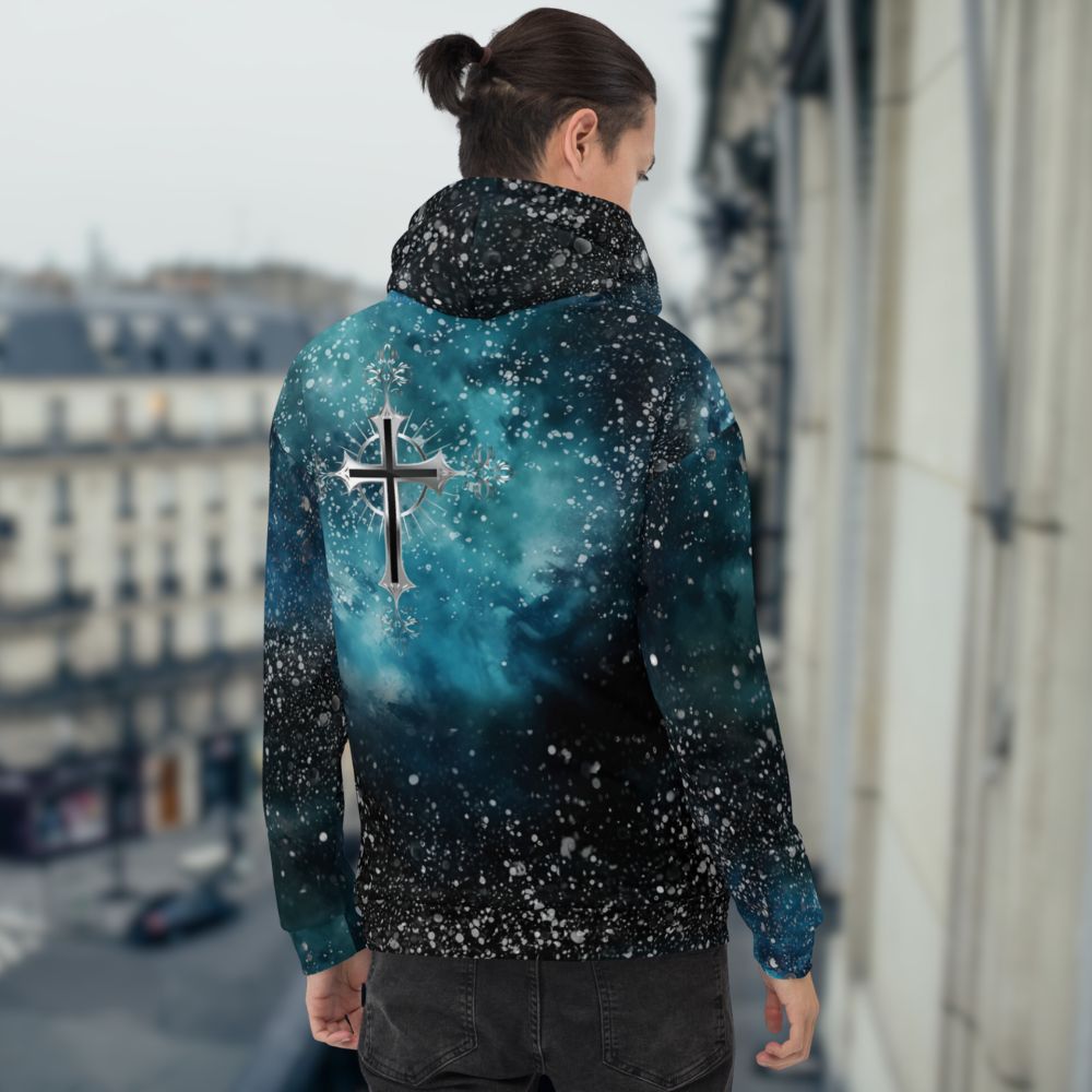 Cosmic Cross Turquois Fleece Unisex Hoodie Size: XS Jesus Passion Apparel