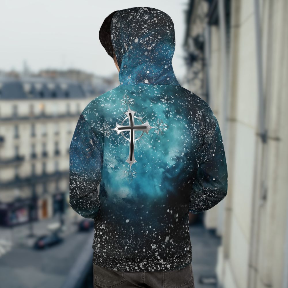 Cosmic Cross Turquois Fleece Unisex Hoodie Size: XS Jesus Passion Apparel