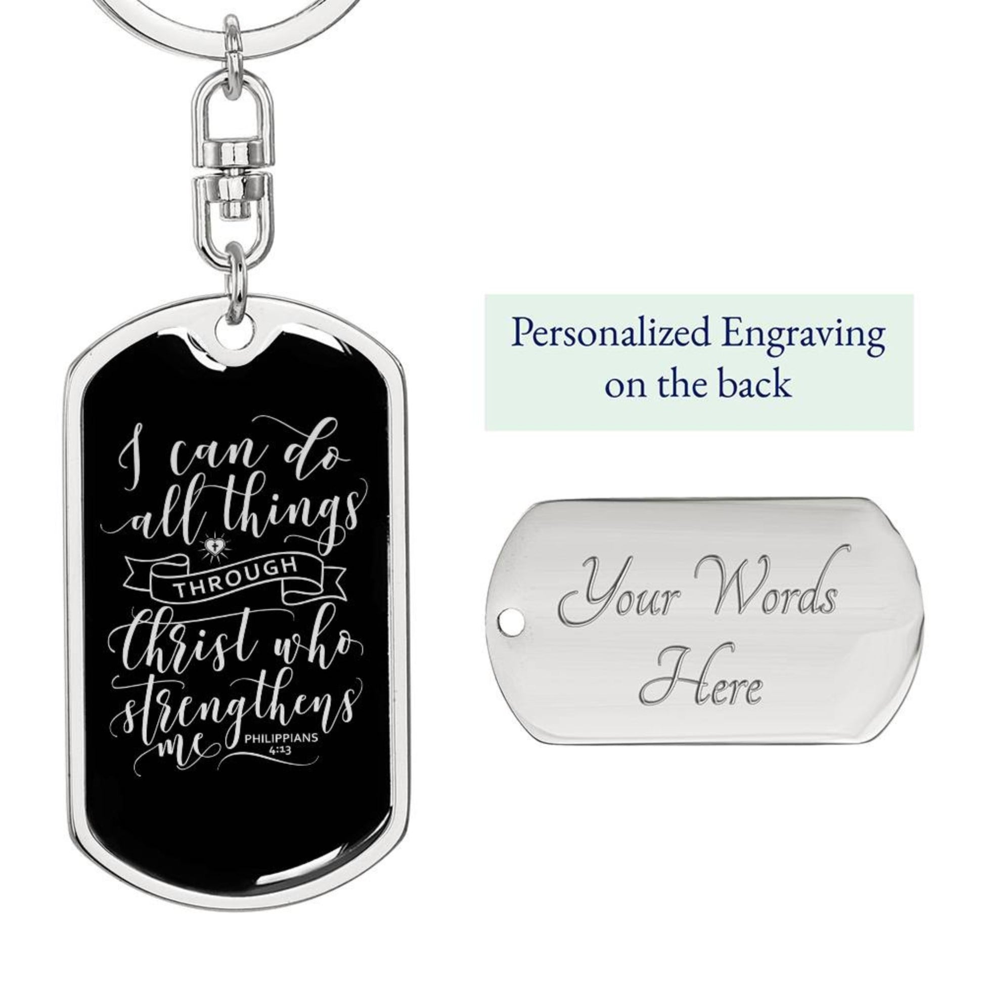 I Can Do All Things - Silver Dog Tag with Swivel Keychain Engraving: Yes Jesus Passion Apparel