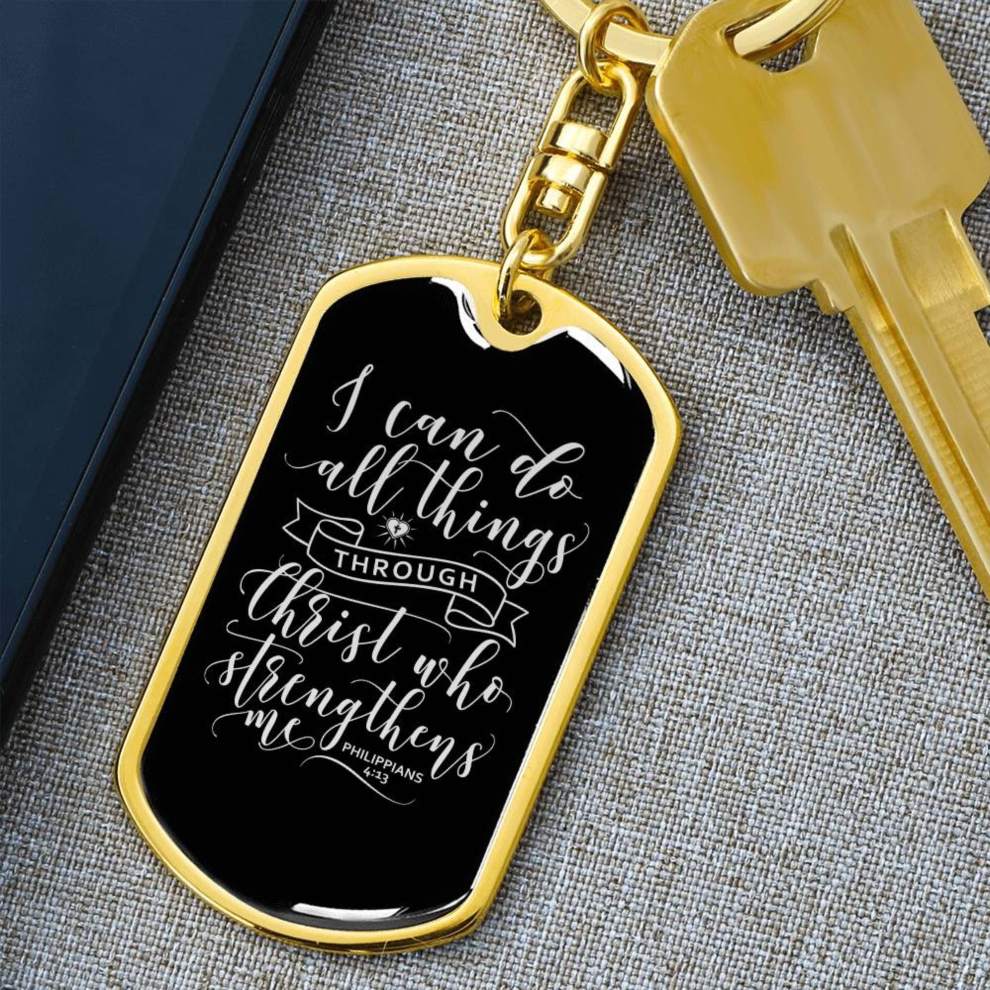 I Can Do All Things - Gold Dog Tag with Swivel Keychain Engraving: No Jesus Passion Apparel