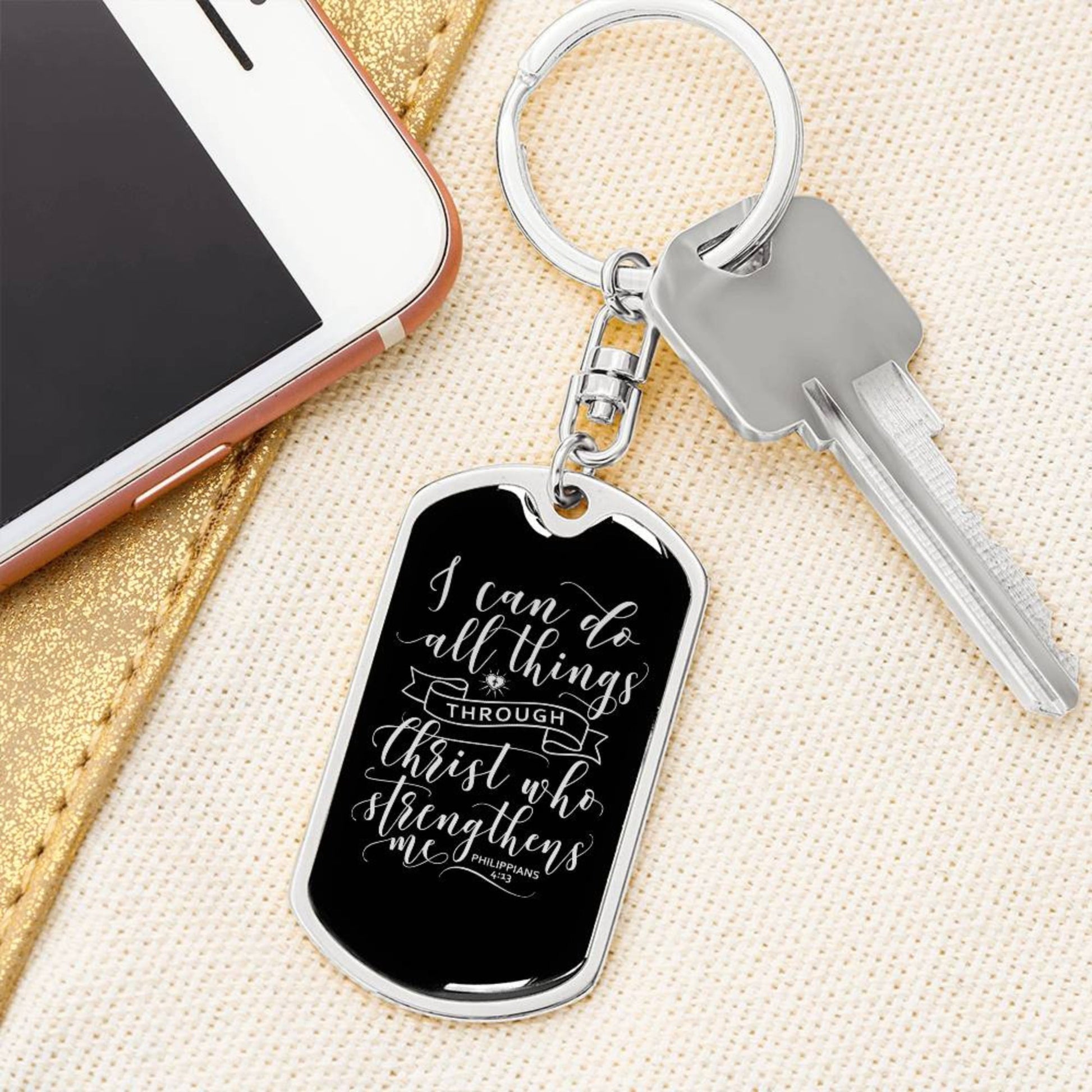 I Can Do All Things - Silver Dog Tag with Swivel Keychain Engraving: No Jesus Passion Apparel