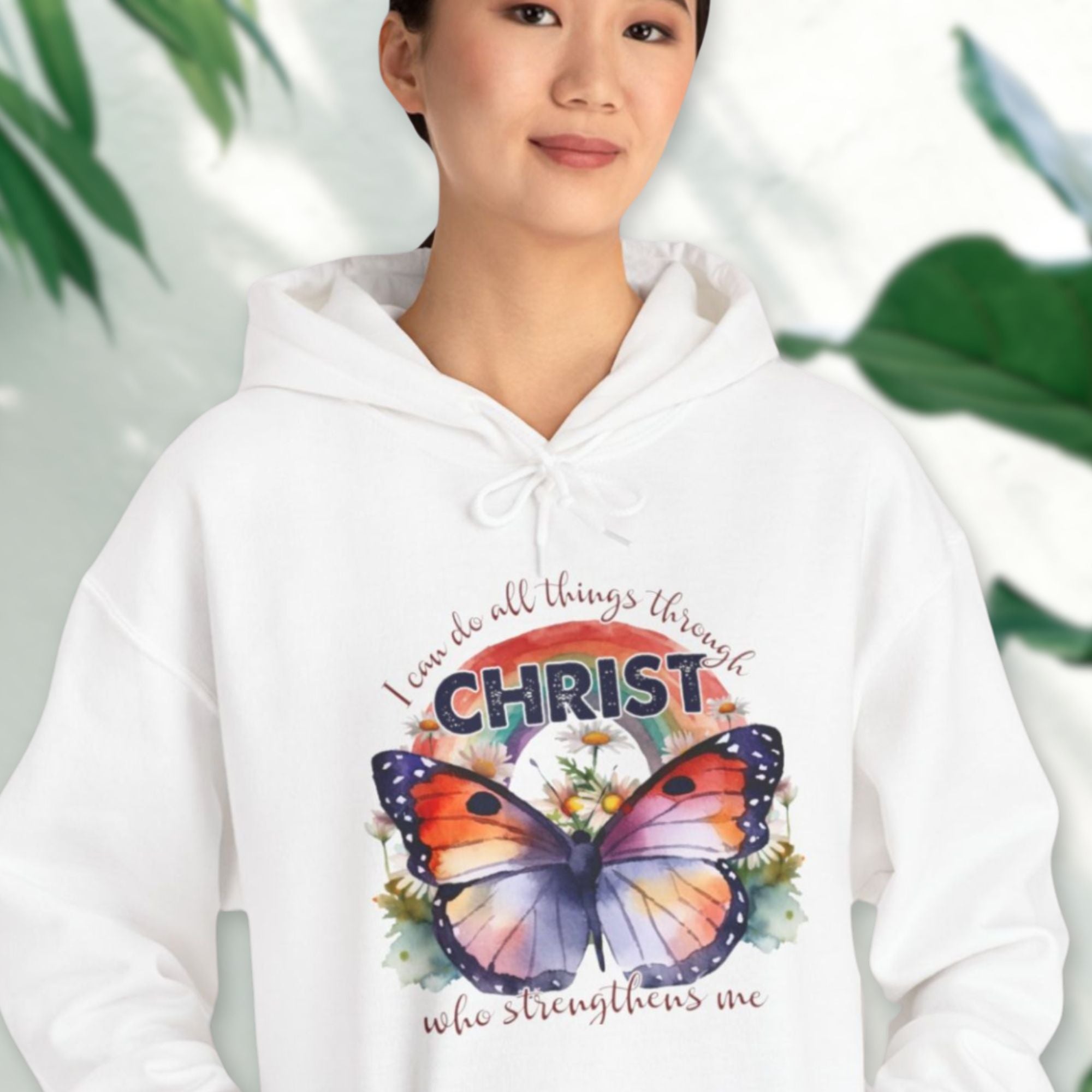 I Can Do All Things Butterfly Unisex-Fit Hoodie - Light Blue / White Color: White Size: S Jesus Passion Apparel