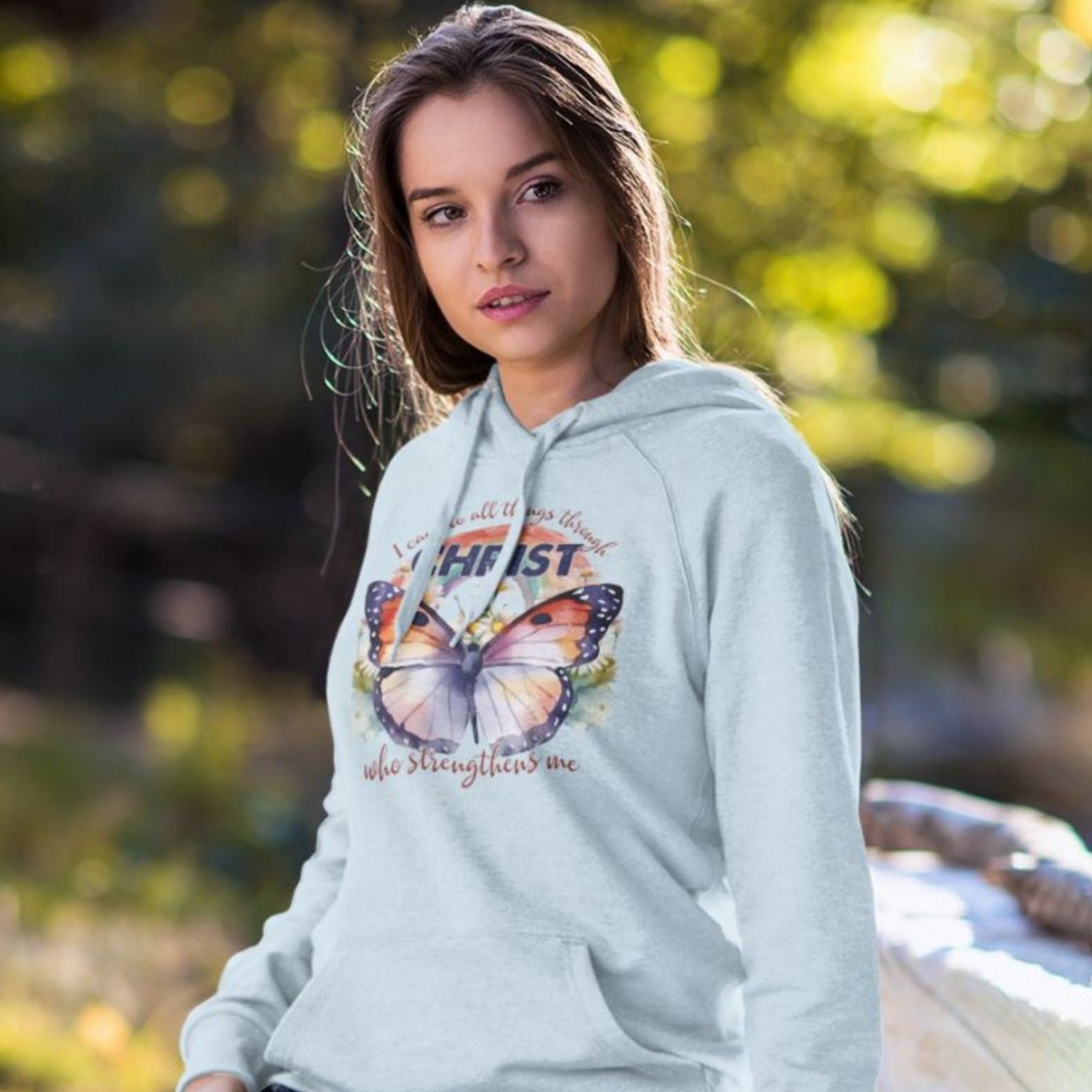 I Can Do All Things Butterfly Unisex-Fit Hoodie - Light Blue / White Color: White Size: S Jesus Passion Apparel