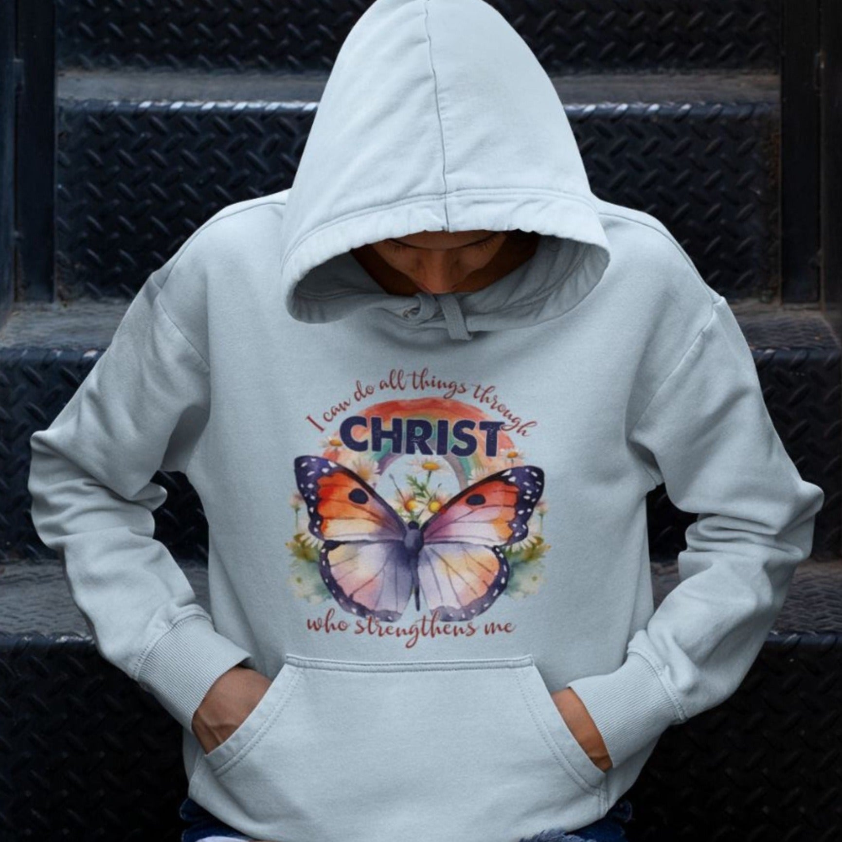 I Can Do All Things Butterfly Unisex-Fit Hoodie - Light Blue / White Color: White Size: S Jesus Passion Apparel