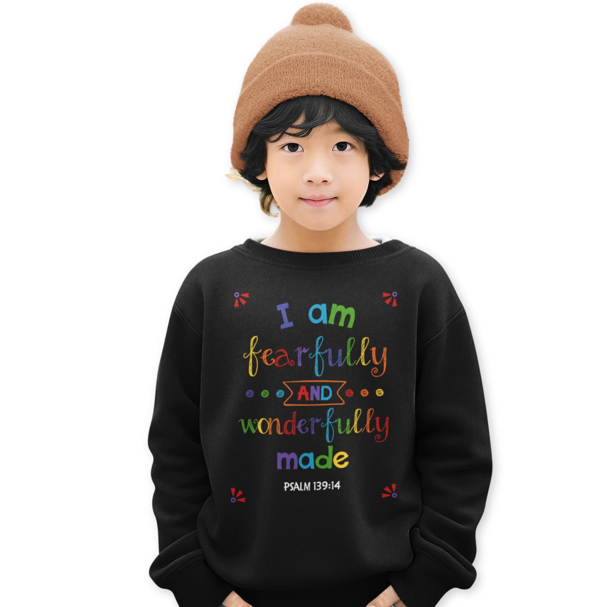 I am Fearfully Wonderfully Made Youth Crewneck Sweatshirt Color: Black Size: XS Jesus Passion Apparel