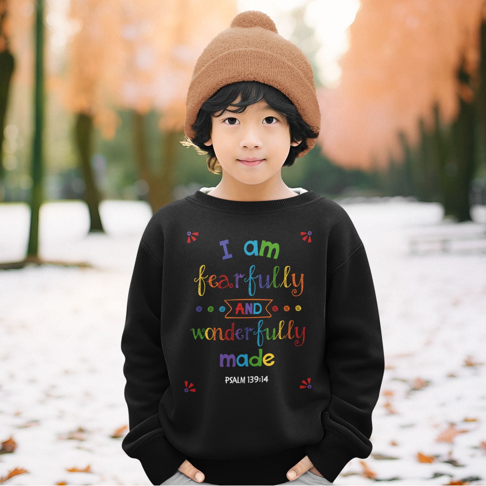 I am Fearfully Wonderfully Made Youth Crewneck Sweatshirt Color: Black Size: XS Jesus Passion Apparel