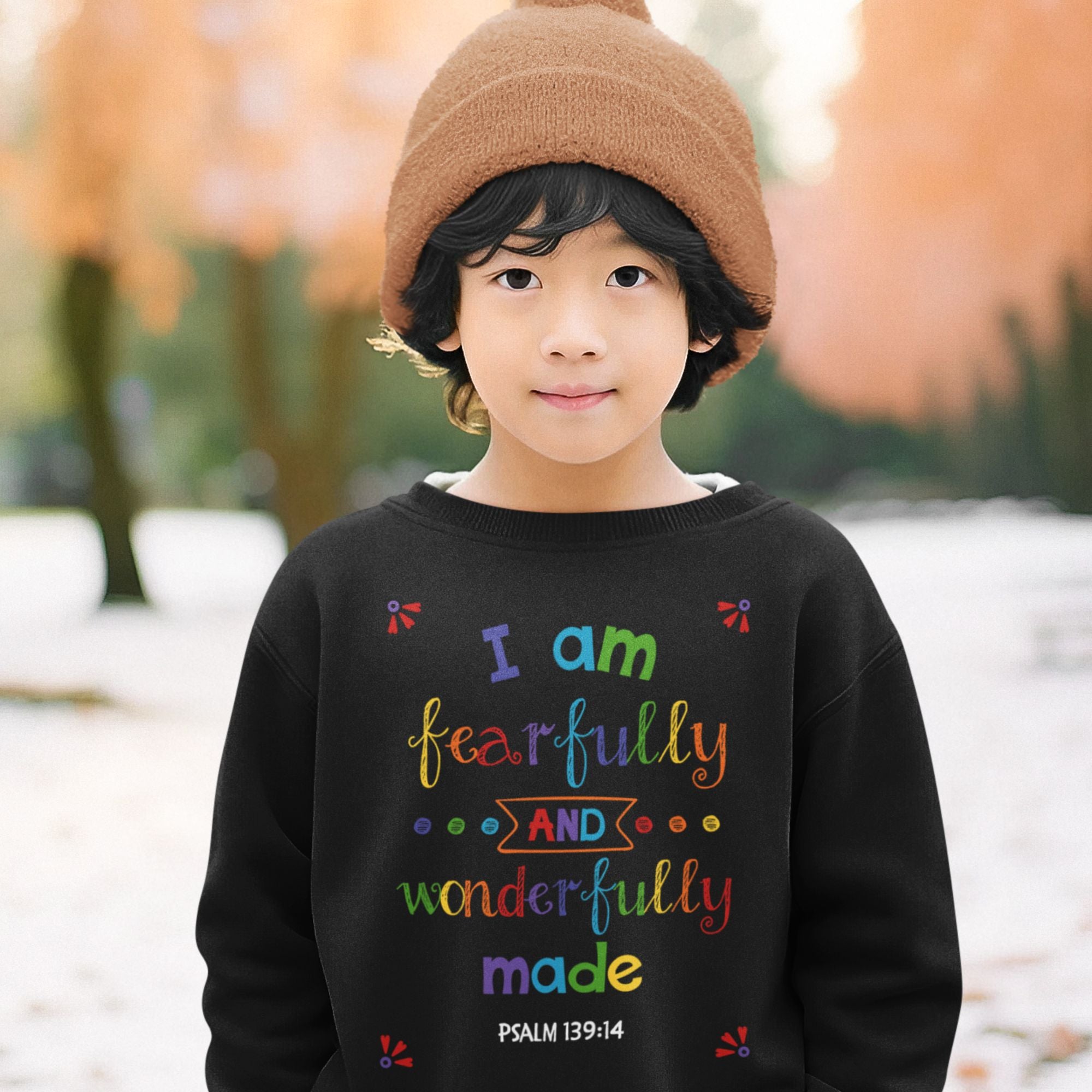 I am Fearfully Wonderfully Made Youth Crewneck Sweatshirt Color: Black Size: XS Jesus Passion Apparel