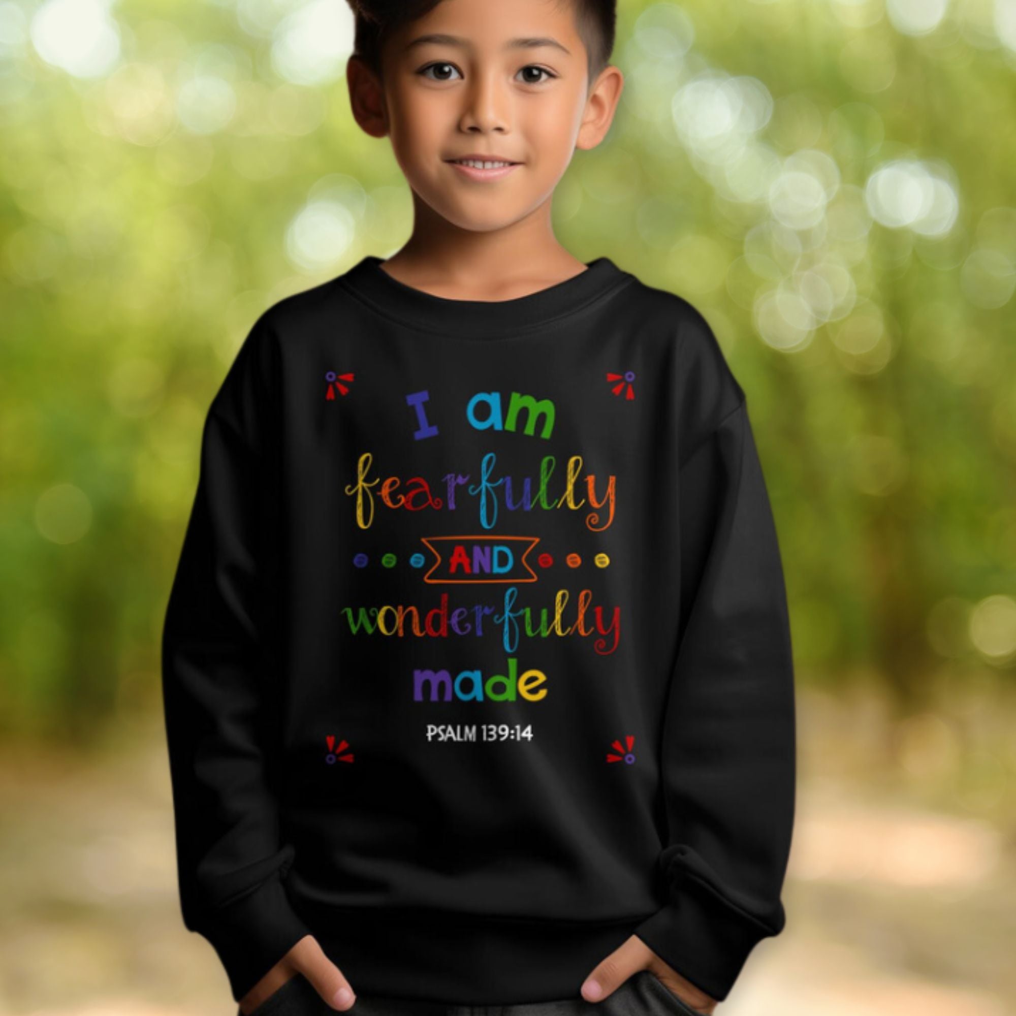 I am Fearfully Wonderfully Made Youth Crewneck Sweatshirt Color: Black Size: XS Jesus Passion Apparel