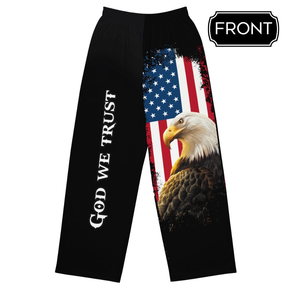 God We Trust Patriotic Eagle Women's Wide-Leg Pants Size: 2XS Jesus Passion Apparel