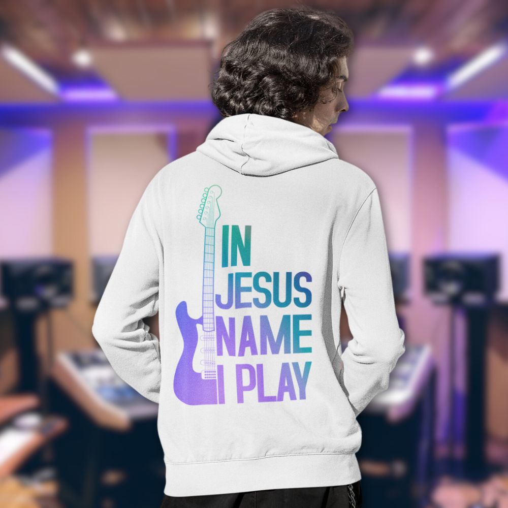 In Jesus Name I Play Electric Guitar Men's Heavy Blend™ Hoodie Color: White Size: S Jesus Passion Apparel