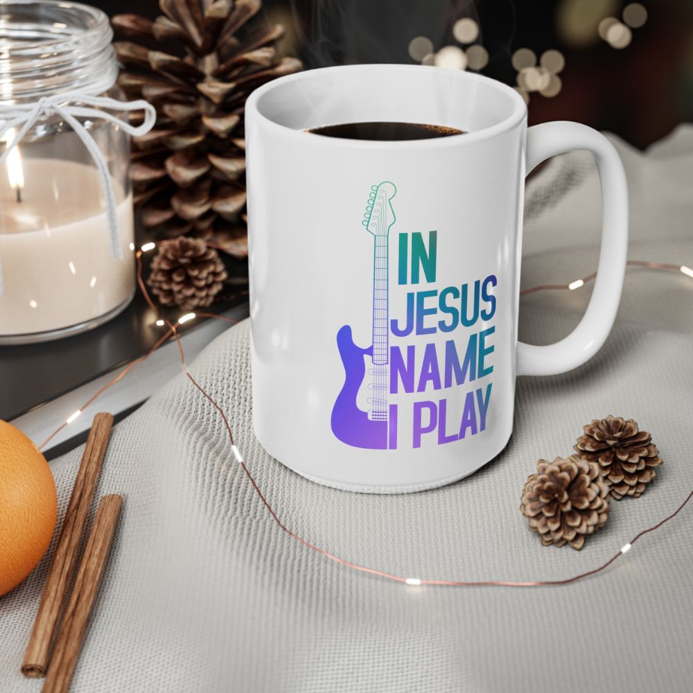 In Jesus Name I Play Electric Guitar - 15 oz Mug Size: Black 15oz Jesus Passion Apparel