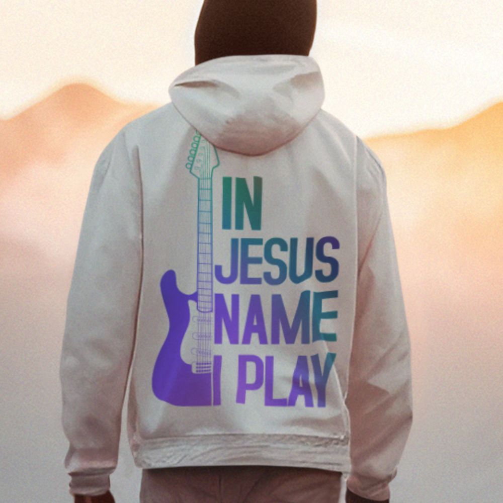 In Jesus Name I Play Electric Guitar Men's Heavy Blend™ Hoodie Color: White Size: S Jesus Passion Apparel