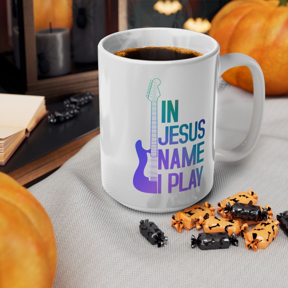 In Jesus Name I Play Electric Guitar - 15 oz Mug Size: Black 15oz Jesus Passion Apparel