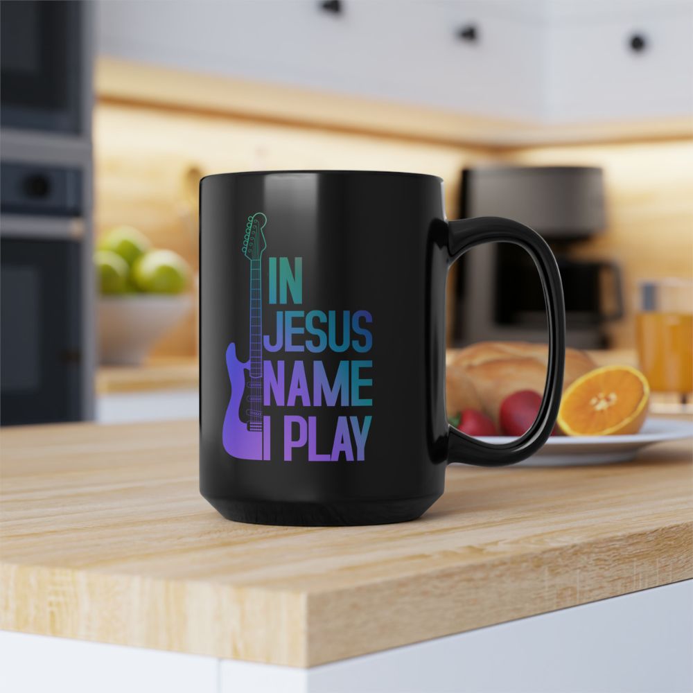 In Jesus Name I Play Electric Guitar - 15 oz Mug Size: Black 15oz Jesus Passion Apparel