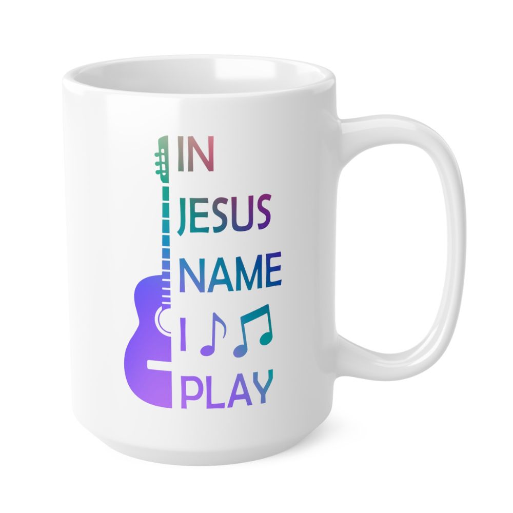 In Jesus Name I Play Acoustic Guitar - 15 oz Mug Size: White 15 oz Jesus Passion Apparel