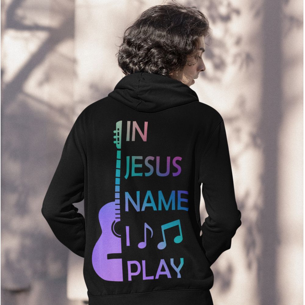 In Jesus Name I Play Acoustic Guitar Men's Heavy Blend™ Hoodie Color: White Size: S Jesus Passion Apparel