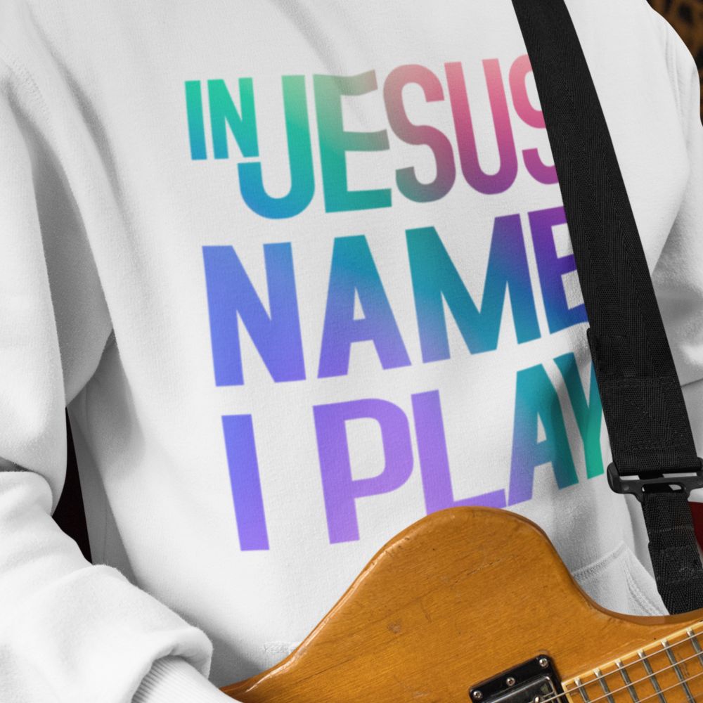 In Jesus Name I Play Acoustic Guitar Men's Heavy Blend™ Hoodie Color: White Size: S Jesus Passion Apparel